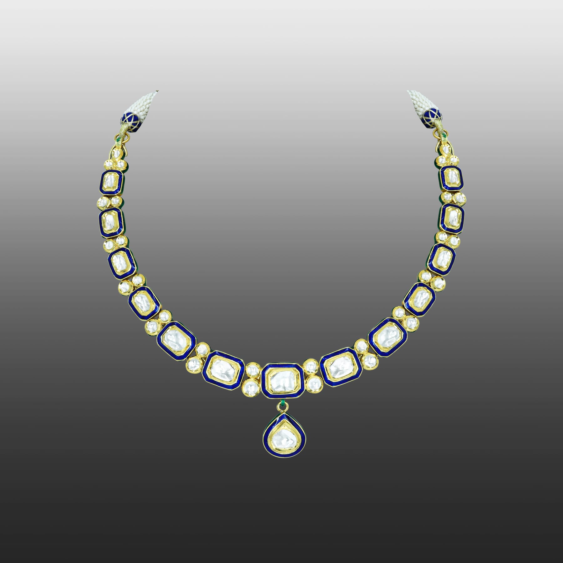 Square and Teardrop Polki Necklace with Blue Meena